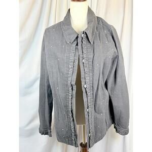 Quacker Factory Jean Jacket Womens 1X Blue Denim Ruffles Rhinestone Embellished